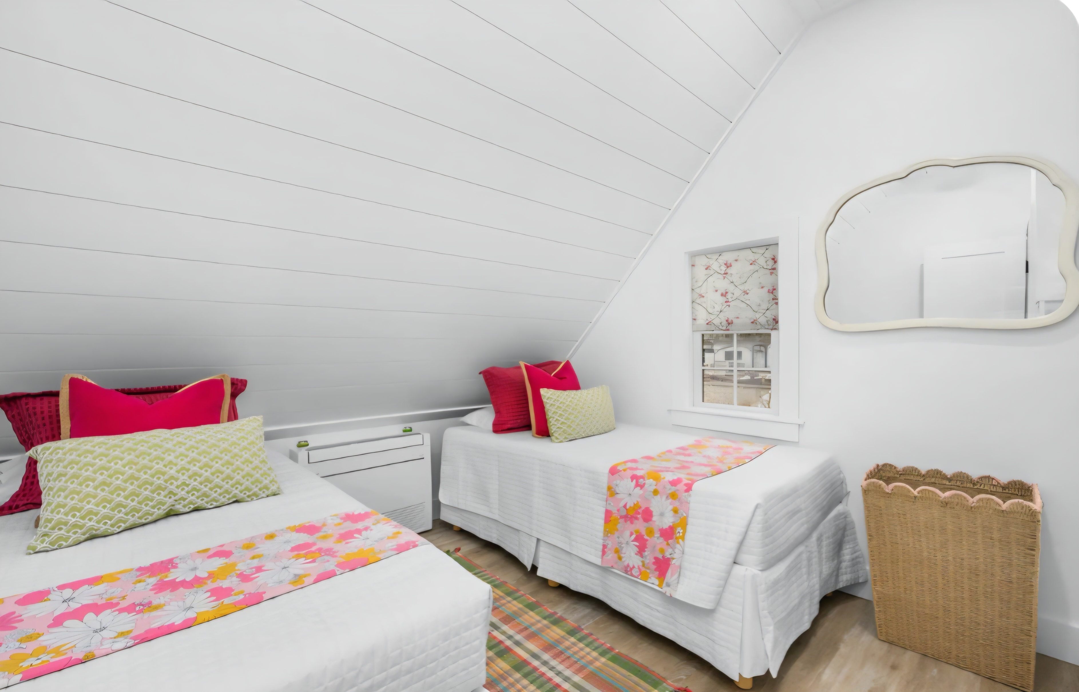 Cape Coddage twin bedroom with mini-split and shiplap dormers