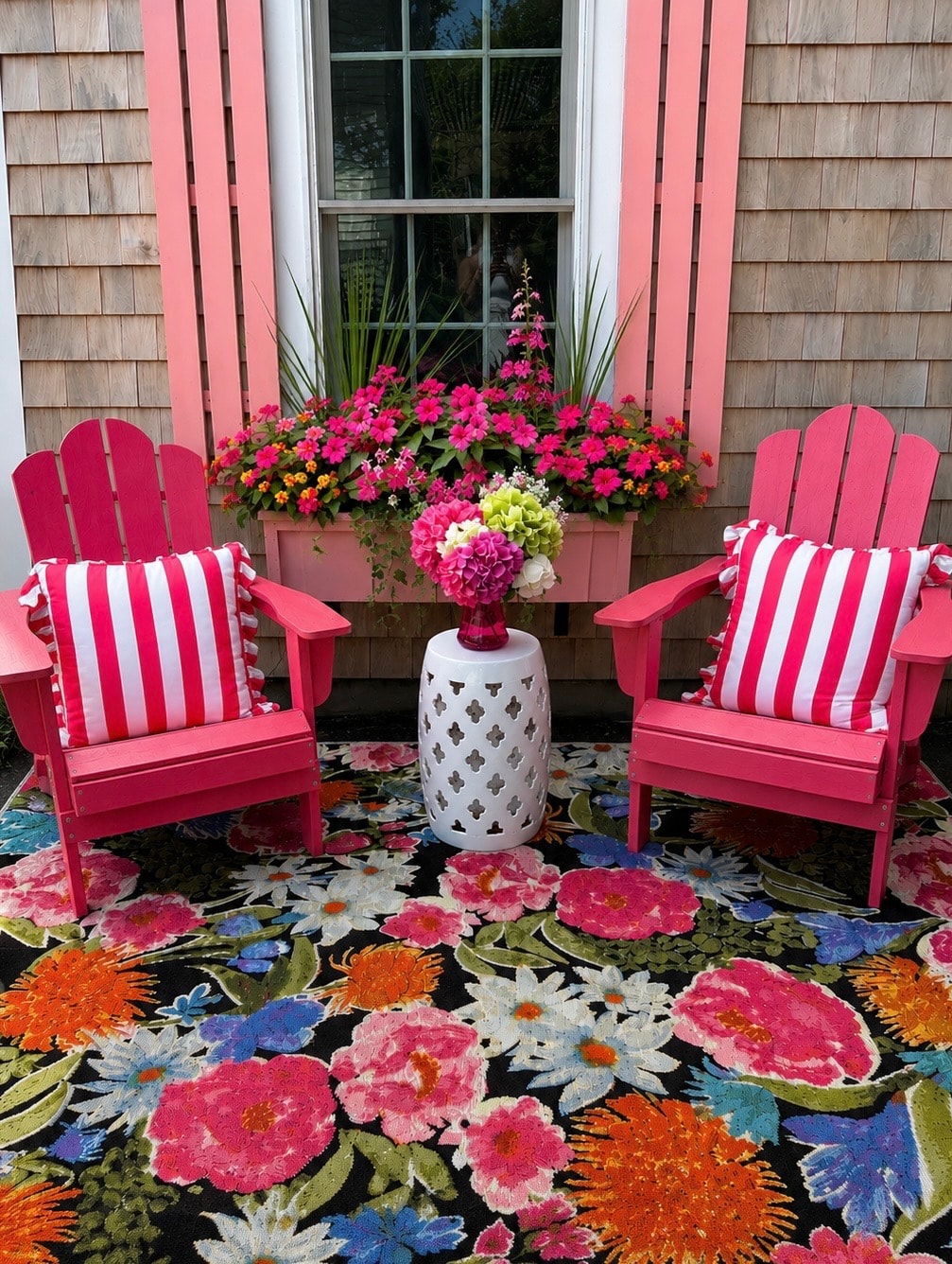Pink Adirondack chairs on the Cape Coddage patio with window box and lantern