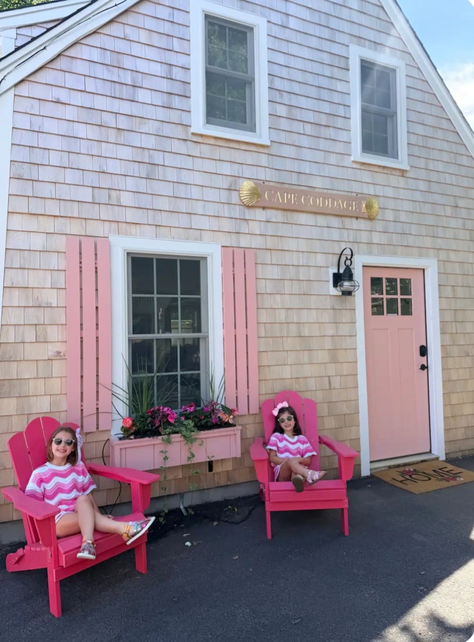 Cape Coddage cottage exterior — pink shutters on Main Street Chatham