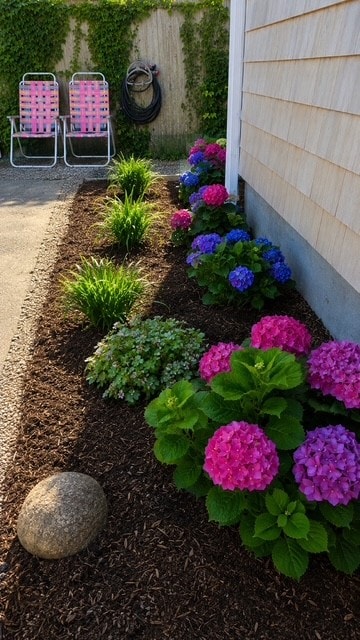 Cape Coddage garden — vibrant pink and blue hydrangeas along the cottage