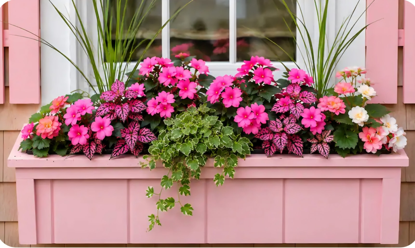 Cape Coddage pink window box overflowing with colorful blooms and pink shutters
